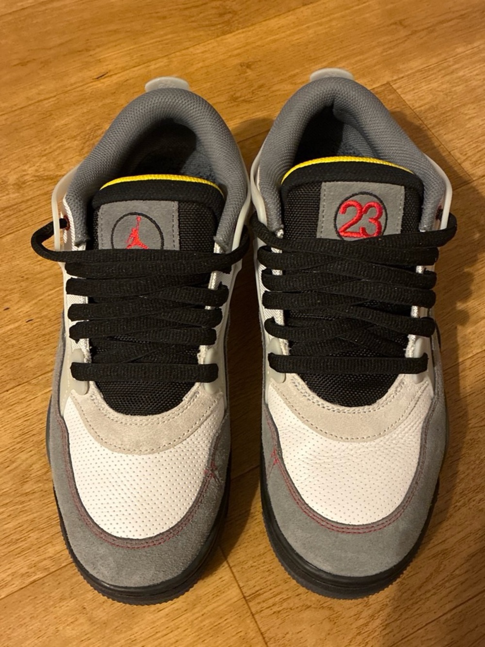 Jordan Men's Athletic Sneakers in White, Gray, Black with Red and Yellow Accents - Picture 2 of 5